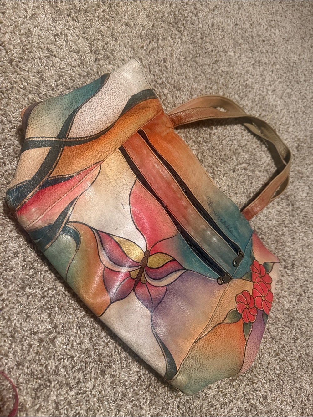 Vintage Anuschka hand-painted leather large shoulder bag